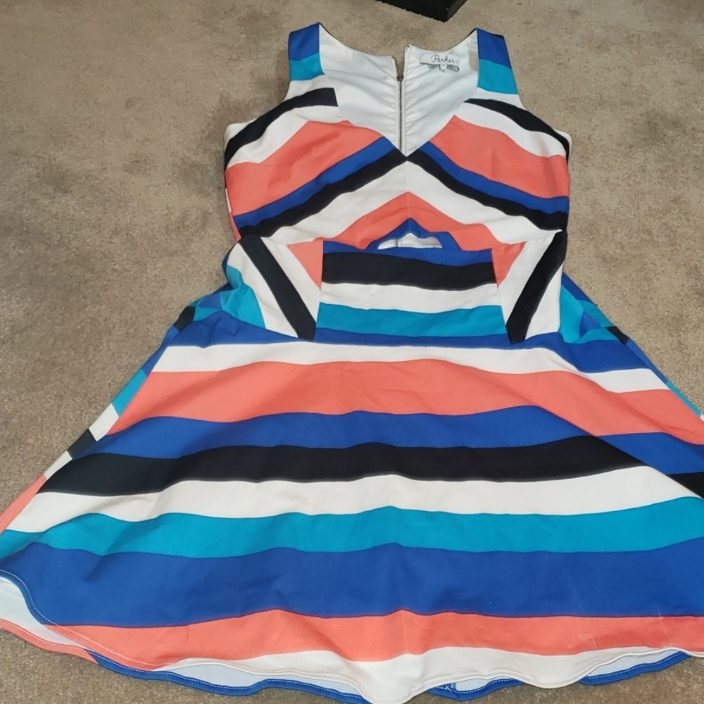 Parker multi color geo print flare dress